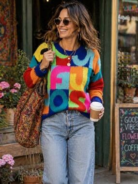 Rainbow Multicolor Graphic Knit Sweater Bold Colorblock Design XL Maximalist